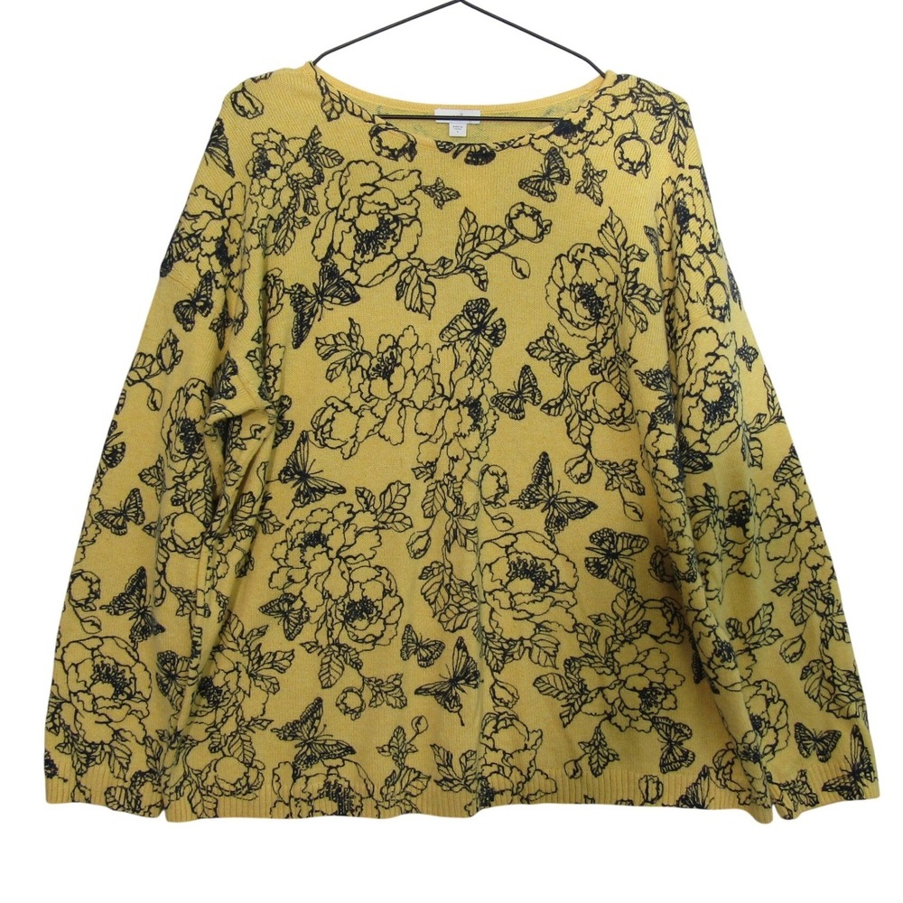 J. Jill Floral Butterfly Sweater Womens‎ L Yellow Good Knit Pullover Scoop Neck
